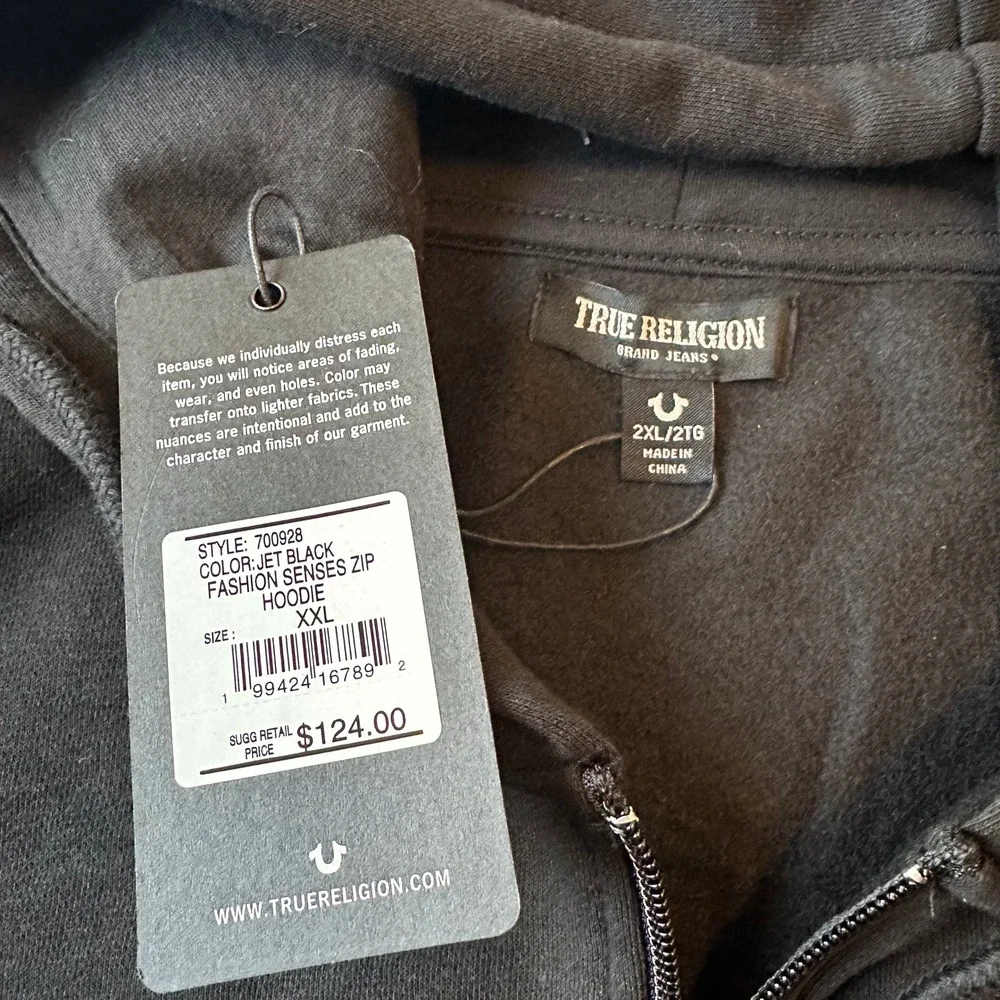 True Religion Mens Fashion Senses Zip Hoodie Jet Black XXL 700928‎ New